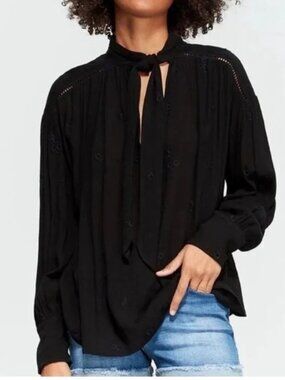 Free People Wishful Moments Embroidered Tie Front Blouse L Boho Whimsigoth Flowy